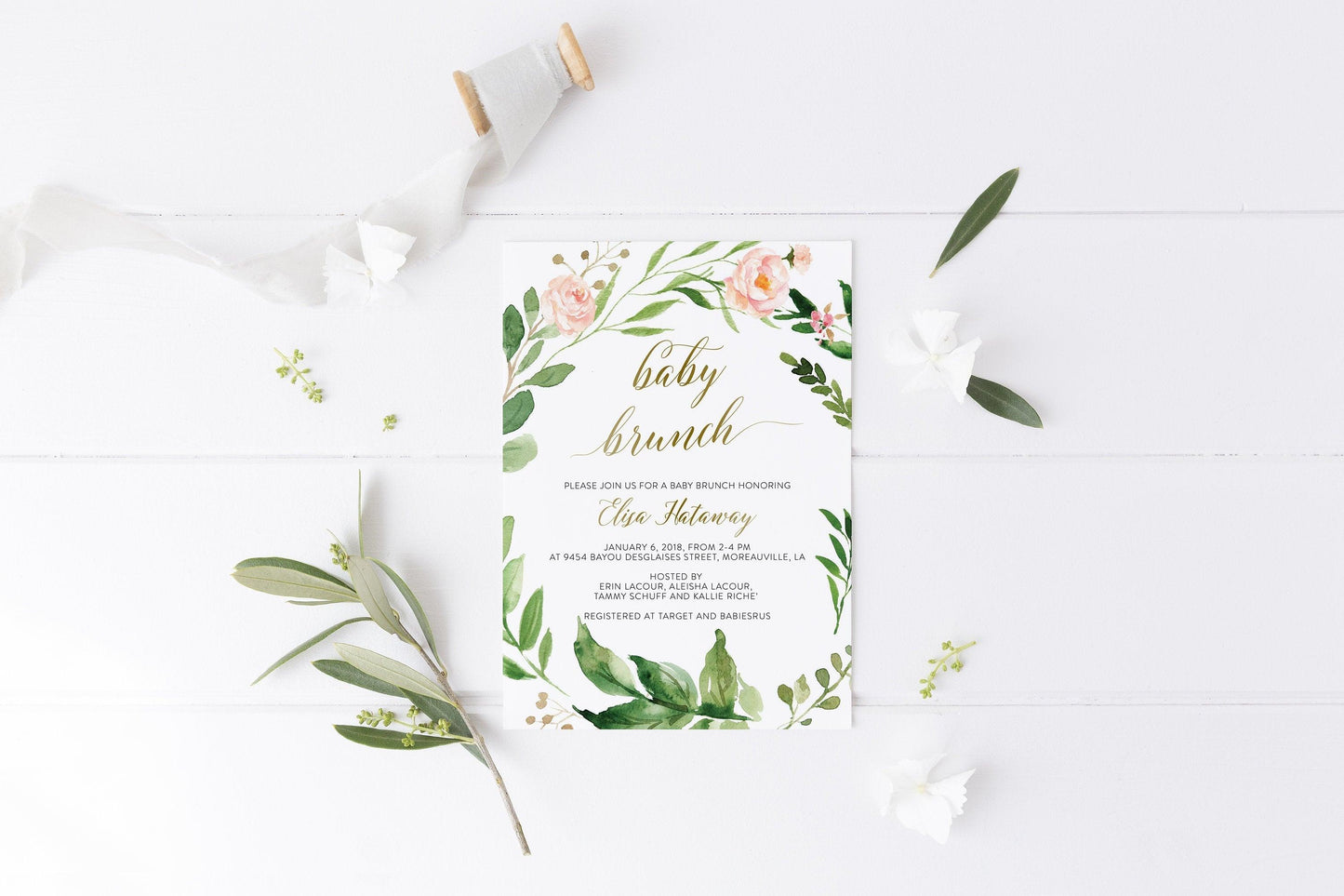 Baby Brunch Invitation Template, Greenery Invitation, Baby Shower Invite, Gender Neutral Baby Shower, Brunch Invitation - Elisa - SAVVY PAPER CO