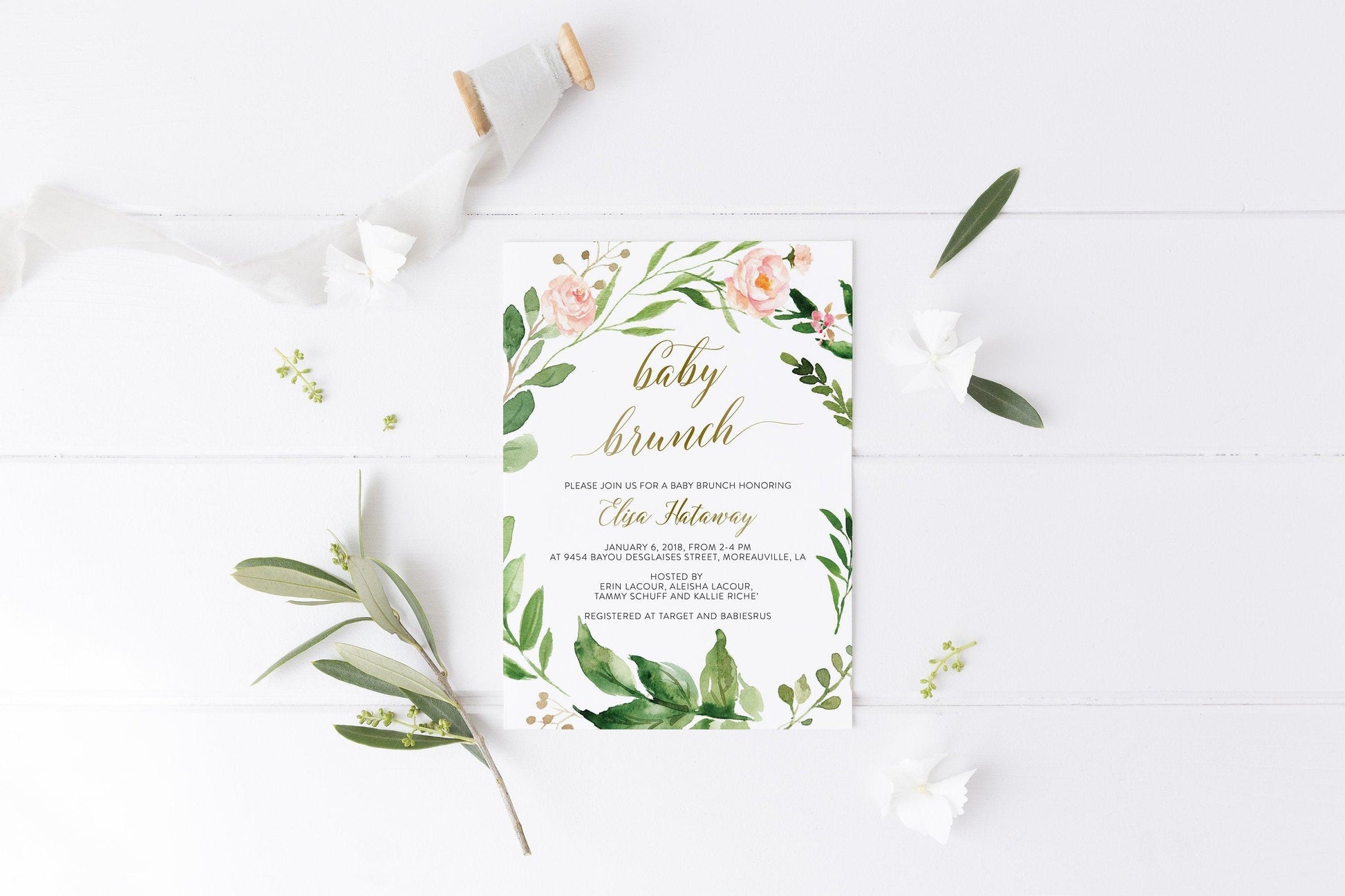 Baby Brunch Invitation Template, Greenery Invitation, Baby Shower Invite, Gender Neutral Baby Shower, Brunch Invitation - Elisa - SAVVY PAPER CO