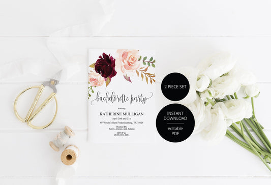 Burgundy Floral Bachelorette Party Invite, DIY Editable Instant Download Bachelorette Invites Invitation Template - Katherine - SAVVY PAPER CO