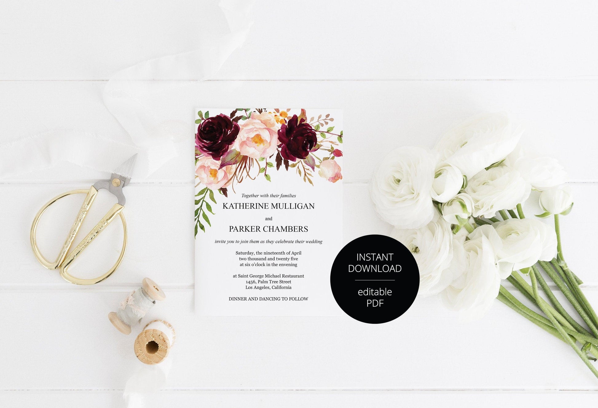 Burgundy Wedding Invitation Editable Template, Printable DIY Instant Download Invites, Digital Download Invitations - Katherine - SAVVY PAPER CO
