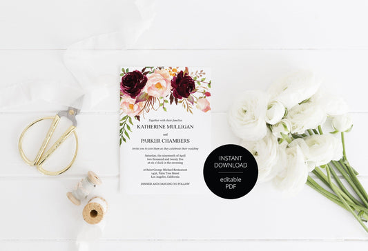 Burgundy Wedding Invitation Editable Template, Printable DIY Instant Download Invites, Digital Download Invitations - Katherine - SAVVY PAPER CO