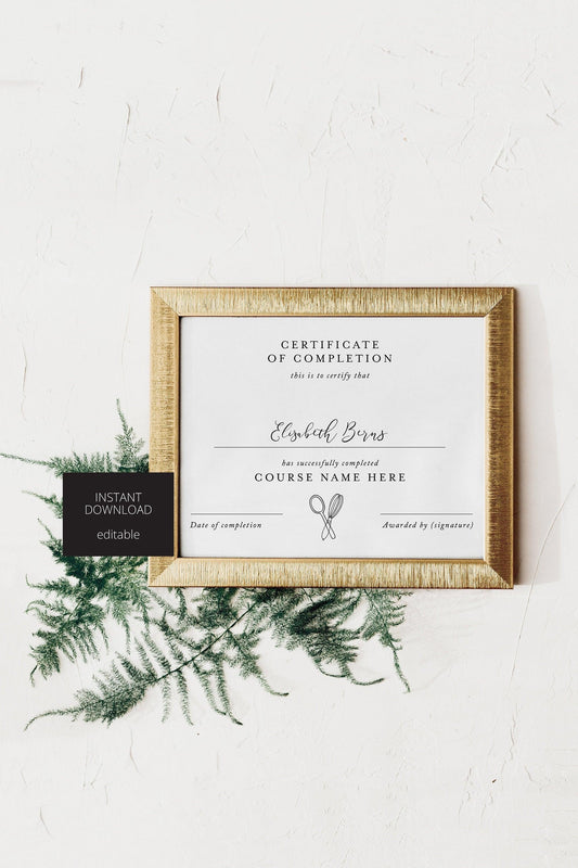 Certificate of Completion, Cooking Class certificate, Classes Template, Course Certificate, Printable, Instant Download - SAVVY PAPER CO