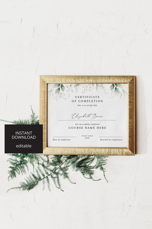 Certificate of Completion, Greenery certificate, Classes Template, Course Certificate, Printable, Instant Download - SAVVY PAPER CO