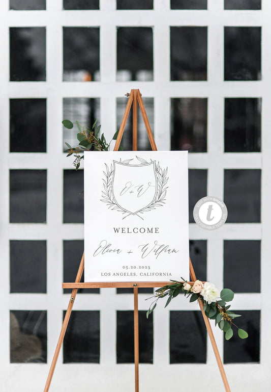 Crest Monogram Wedding Welcome Sign Template, Editable Welcome Wedding Sign, Printable Welcome sign, Instant Download - Olivia - SAVVY PAPER CO
