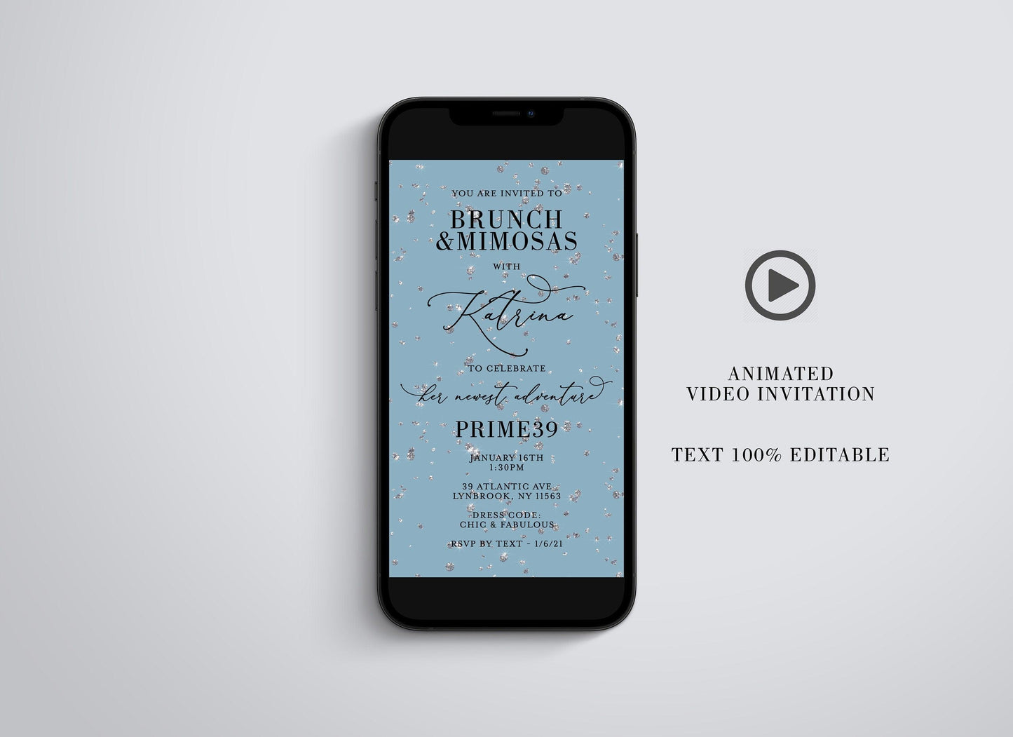 Diamond Birthday Video Invitation, Dinner Party Mobile Invite, Digital Dinner Evite, Brunch and Mimosas Animated Invitation, Any Age - SAVVY PAPER CO