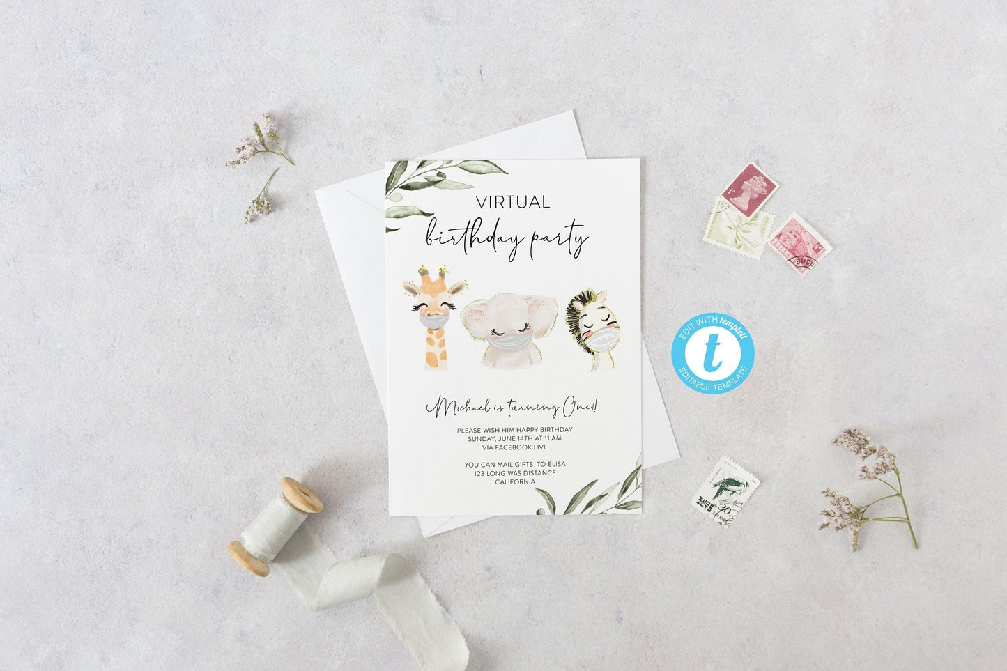 Editable Quarantine Birthday Invitation, Virtual Party Invitation, Woodland Editable Invite, Animals with face mask, Instant Download -Isla - SAVVY PAPER CO