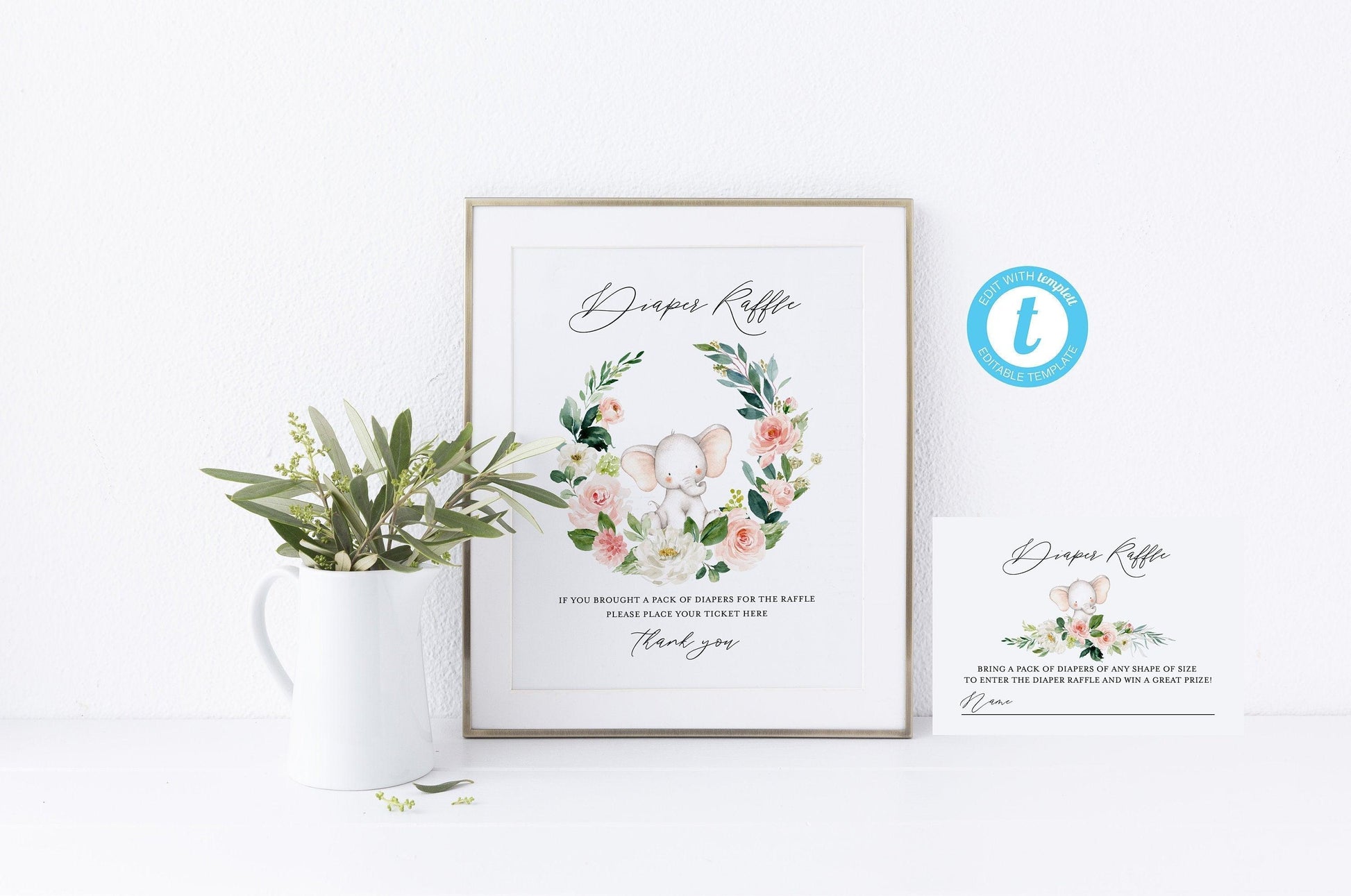 Elephant Baby Shower Diaper Raffle Sign & Ticket Template, INSTANT DOWNLOAD, Editable Template #WB5 - SAVVY PAPER CO