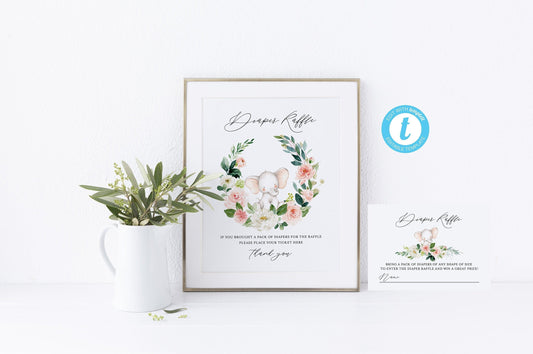 Elephant Baby Shower Diaper Raffle Sign & Ticket Template, INSTANT DOWNLOAD, Editable Template #WB5 - SAVVY PAPER CO