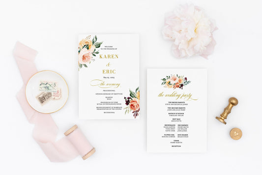 Fall Wedding Program Fan Template Printable Ceremony Programs Card Floral Watercolor Editable Template Instant download - Karen - SAVVY PAPER CO