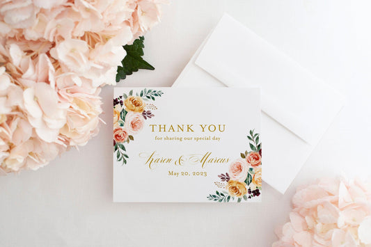 Fall Wedding Thank You Card Instant Download Thank you Cards Printable Thank You Wedding Cards Floral Watercolor - Karen - SAVVY PAPER CO