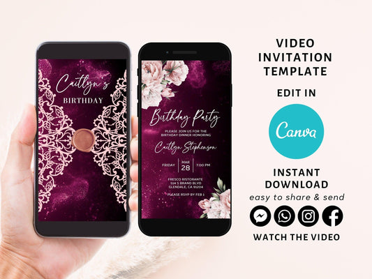 Floral Birthday Invitation, Any Age Editable Invite Template, Electronic Birthday Invite, Dripping Digital Evite Instant Download, Laser cut - SAVVY PAPER CO