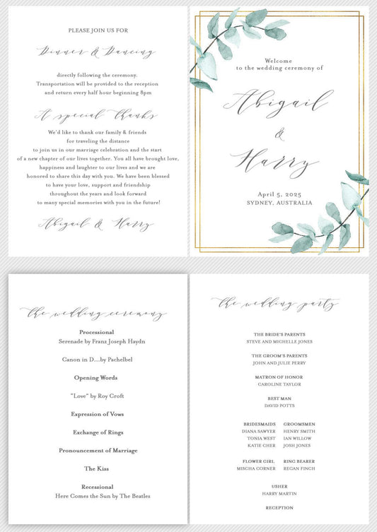 Folded Wedding Ceremony Card, Greenery, Geometric, Wedding Details Card, Gold Wedding, Rustic Wedding, Template, Nature Wedding - Abi - SAVVY PAPER CO
