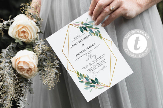 Geometric Wedding Invitation Template Instant Download Templett Printable Wedding Editable Greenery Gold - Tara - SAVVY PAPER CO