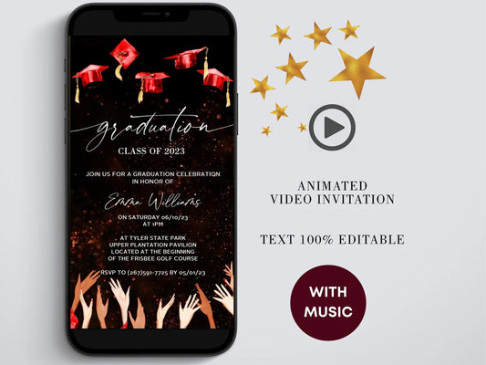 Graduation Party Video Evite, Electronic Graduation Invite, Animated College grad announcement Class of 2023, Gold Graduation, Red caps - SAVVY PAPER CO
