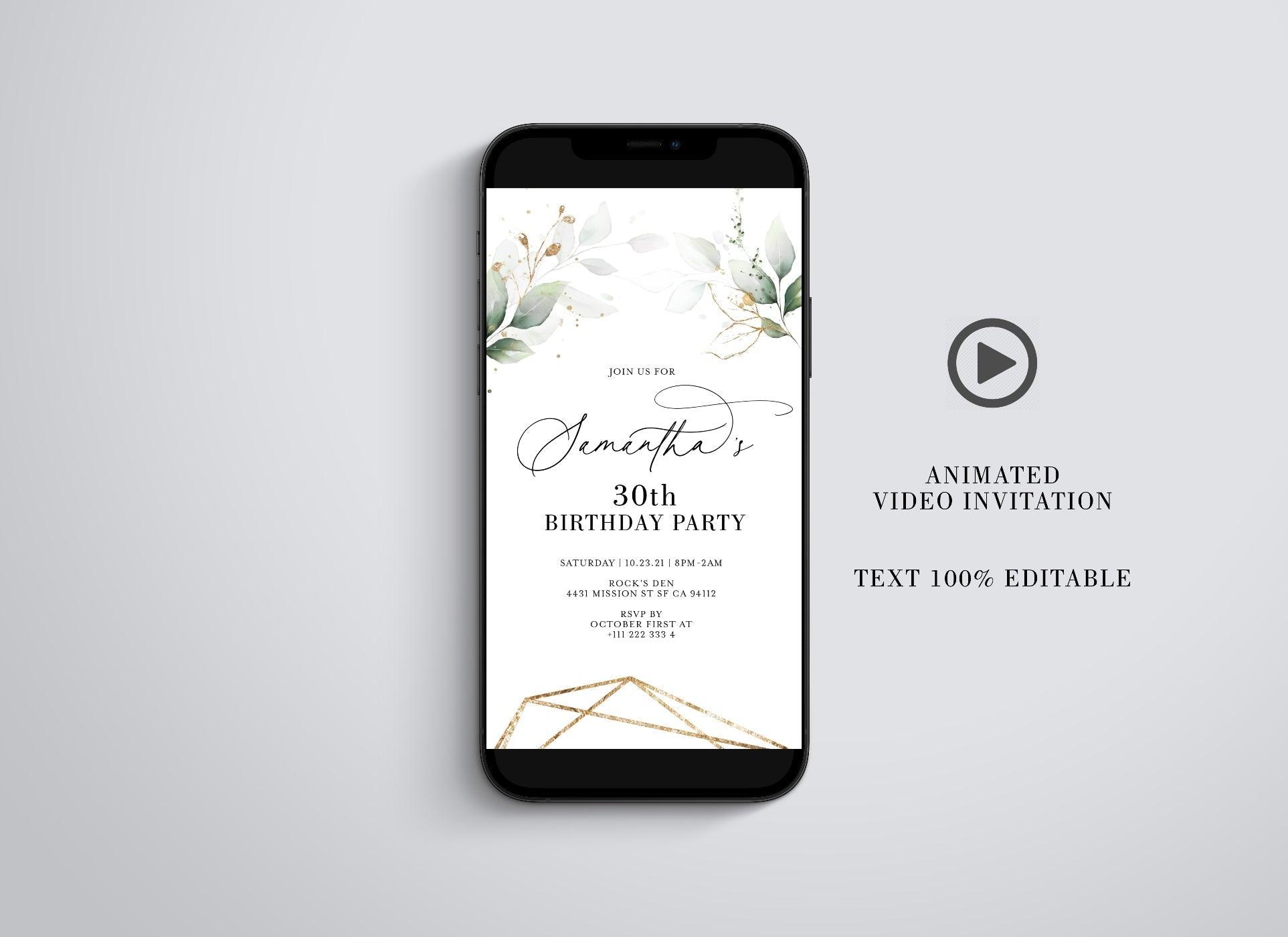Greenery Birthday Video Evite, Electronic Birthday Invite, Birthday Video Invitation, Animated Invitation - SAVVY PAPER CO