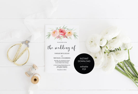 Greenery Blush Wedding Invitation Editable Template, Printable DIY Instant Download Invites, Digital Download Invitations- Sarah - SAVVY PAPER CO