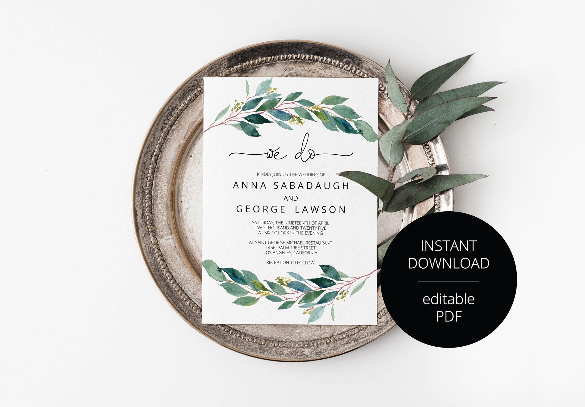 Greenery Rustic Wedding Invitation Editable Template, Printable DIY Instant Download Invites, Digital Download Invitations- Anna - SAVVY PAPER CO