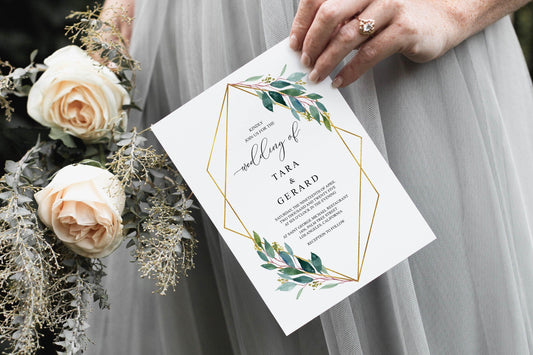 Greenery Wedding Invitation Set Template,Printable Wedding Invitation,Geometric Gold Wedding,Instant Download,Editable Invitation- TARA - SAVVY PAPER CO
