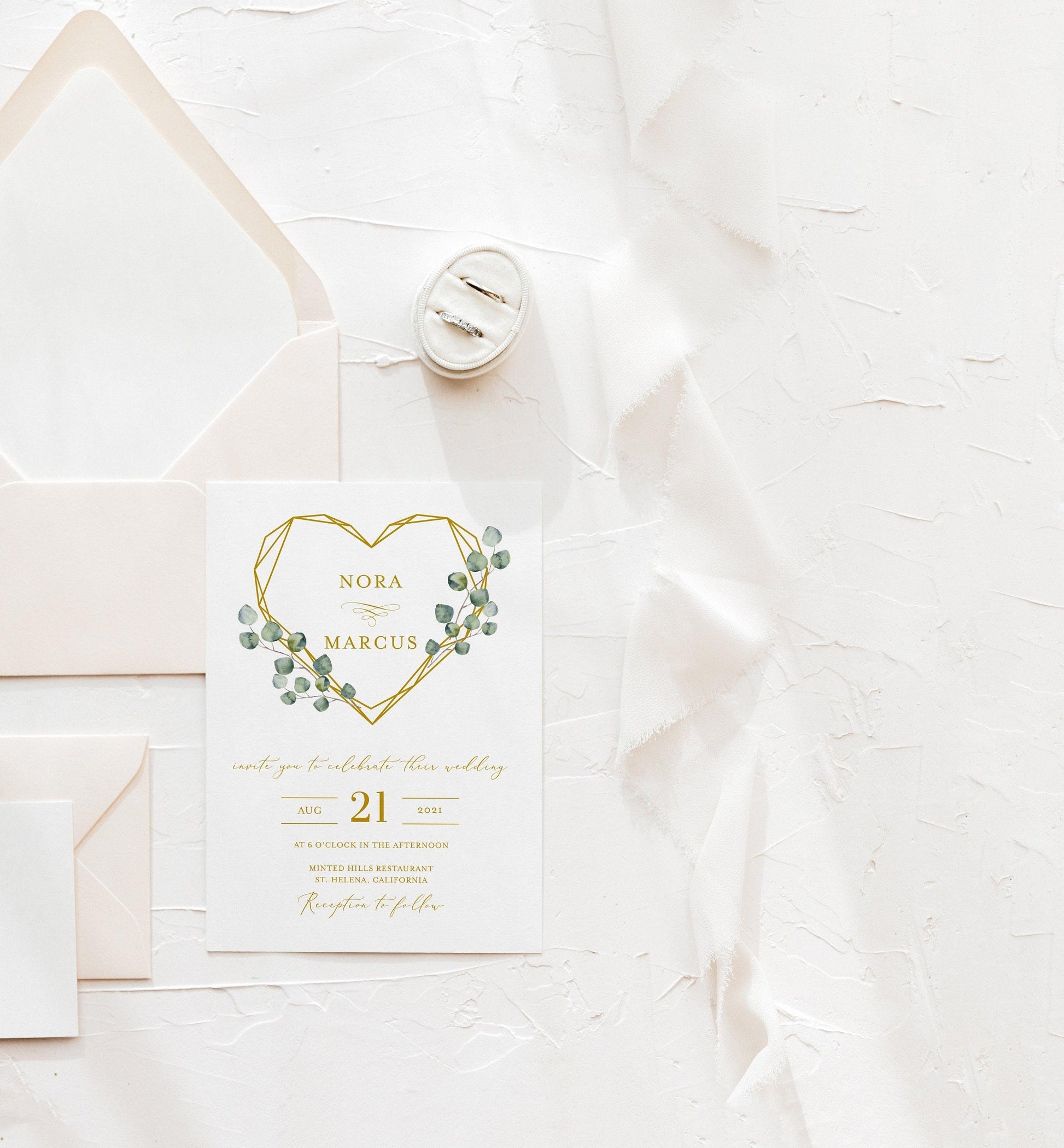 Greenery Wedding Invitation Template, Bohemian Wedding Invite, Instant Download, Wedding Invitation with Heart, Geometric Wedding - NORA - SAVVY PAPER CO
