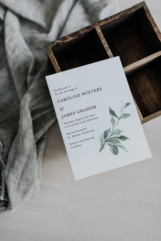 Greenery Wedding Invitation Template, Minimal Wedding Invite, Greenery Leaf Invitations, Sage Green - JUNE - SAVVY PAPER CO