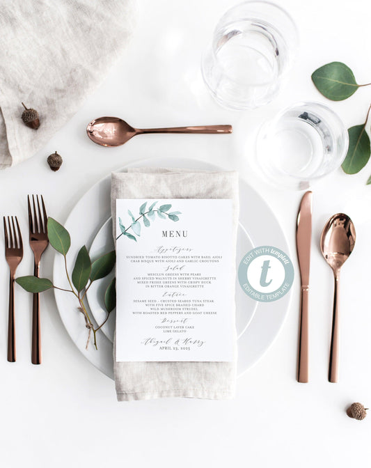 Greenery Wedding Menu Printable Template, Editable Instant Download, Menu Cards, DIY Dinner Menu - Abi - SAVVY PAPER CO