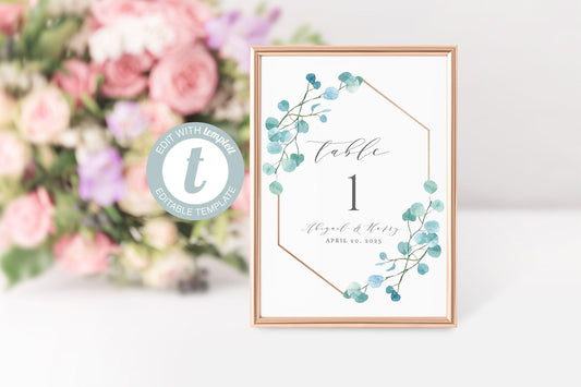 Greenery Wedding Table Numbers Template, Geometric and Gold, Printable Numbers, Instant Download, Table Number Cards -ABI - SAVVY PAPER CO