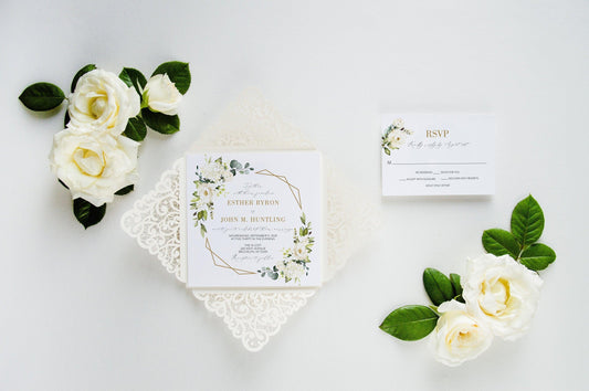 Ivory Wedding Invitation Set, laser cut greenery gold elegant wedding invitation #GLC2 - SAVVY PAPER CO