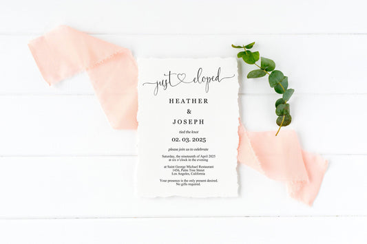 Just Eloped Wedding Invitation Template Editable Printable Calligraphy Heart Wedding Announcement Elopement we eloped Minimal - Heather - SAVVY PAPER CO