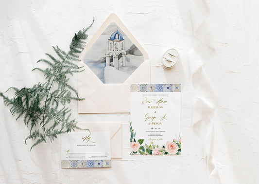 Mediterranean Wedding Invitation Set Template, Greek Accent Wedding Invite, Blue Tiles Wedding Invites, Gold Foil, Printable Wedding - JUDY - SAVVY PAPER CO
