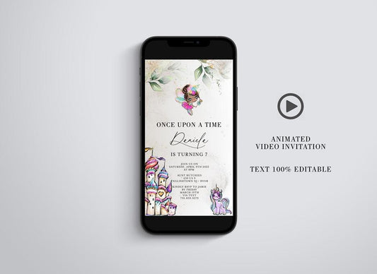 Once upon a time Birthday Video Evite, Electronic Birthday Video Invitation, Animated Invitation Fairyland, Unicorn, Castle, Girl Birthday - SAVVY PAPER CO