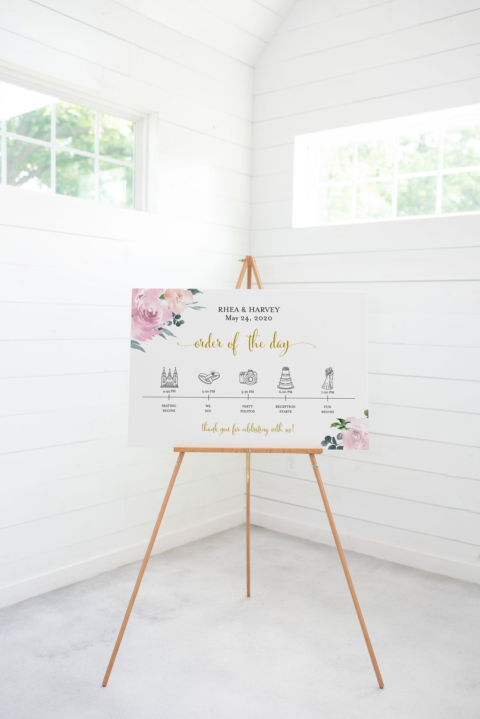 Order of Events Sign Template Greenery Wedding Itinerary Sign Timeline Sign Printable Blush Floral Dusty Blue - Rhea - SAVVY PAPER CO