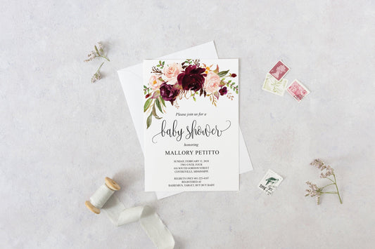 Printable Baby Shower Invitation Template, Baby Shower invite, Burgundy, Floral, Invitation, Baby Shower Invites - MPU78 - SAVVY PAPER CO