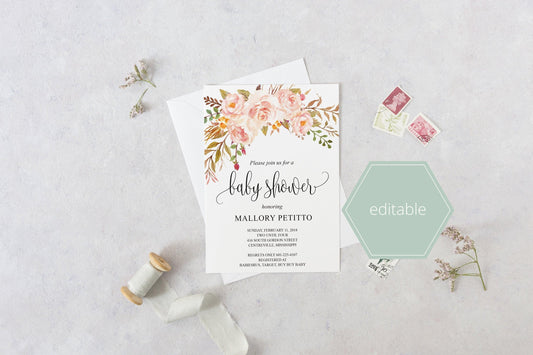 Printable Baby Shower Invitation Template, Instant Download, Baby Shower Invite, Floral Baby Shower Invitations - MPU78 - SAVVY PAPER CO