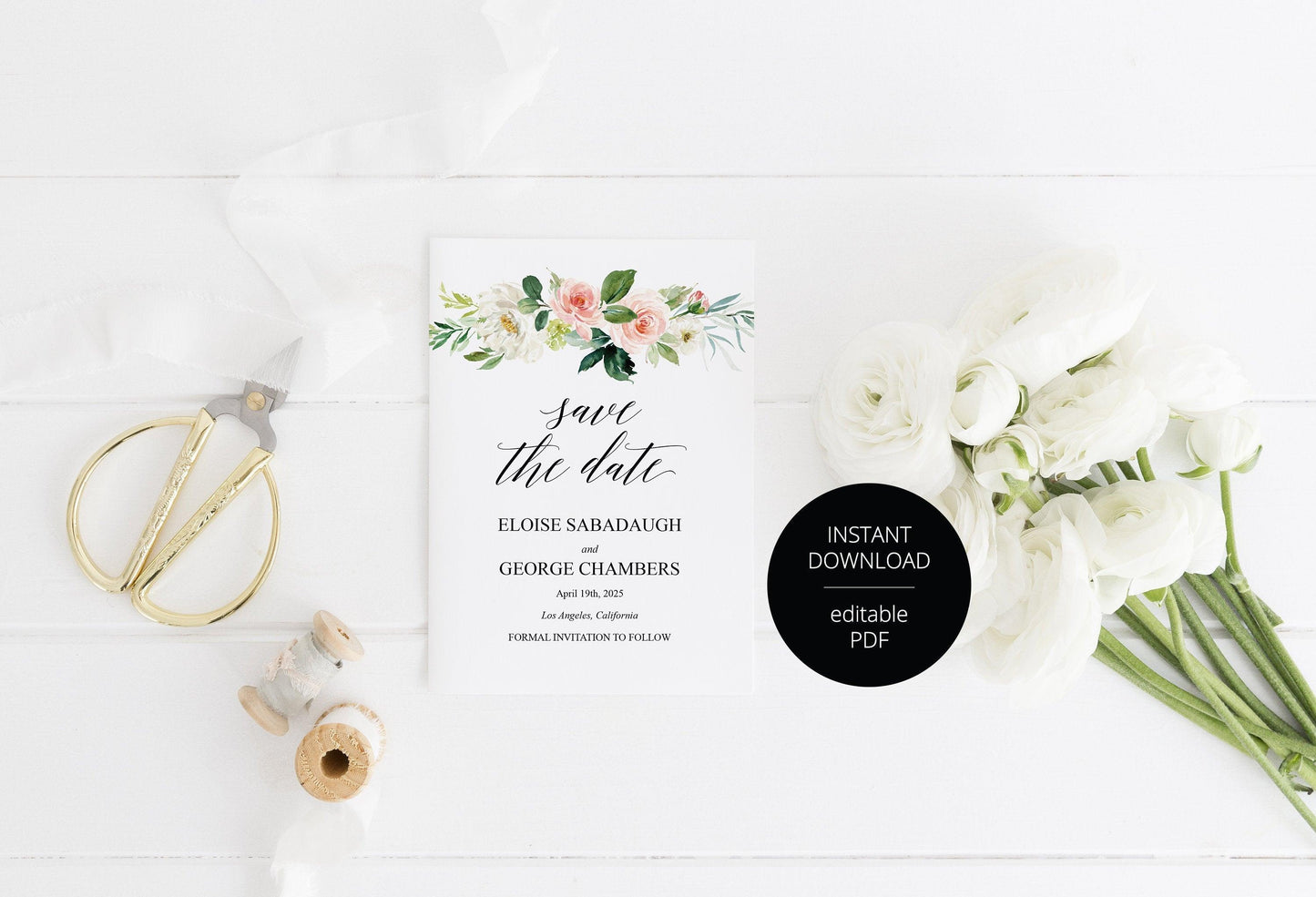 Printable Floral Save-the-Date Template, Engagement Invite, PDF Instant Download, Greenery, Wedding Announcement - Eloise - SAVVY PAPER CO