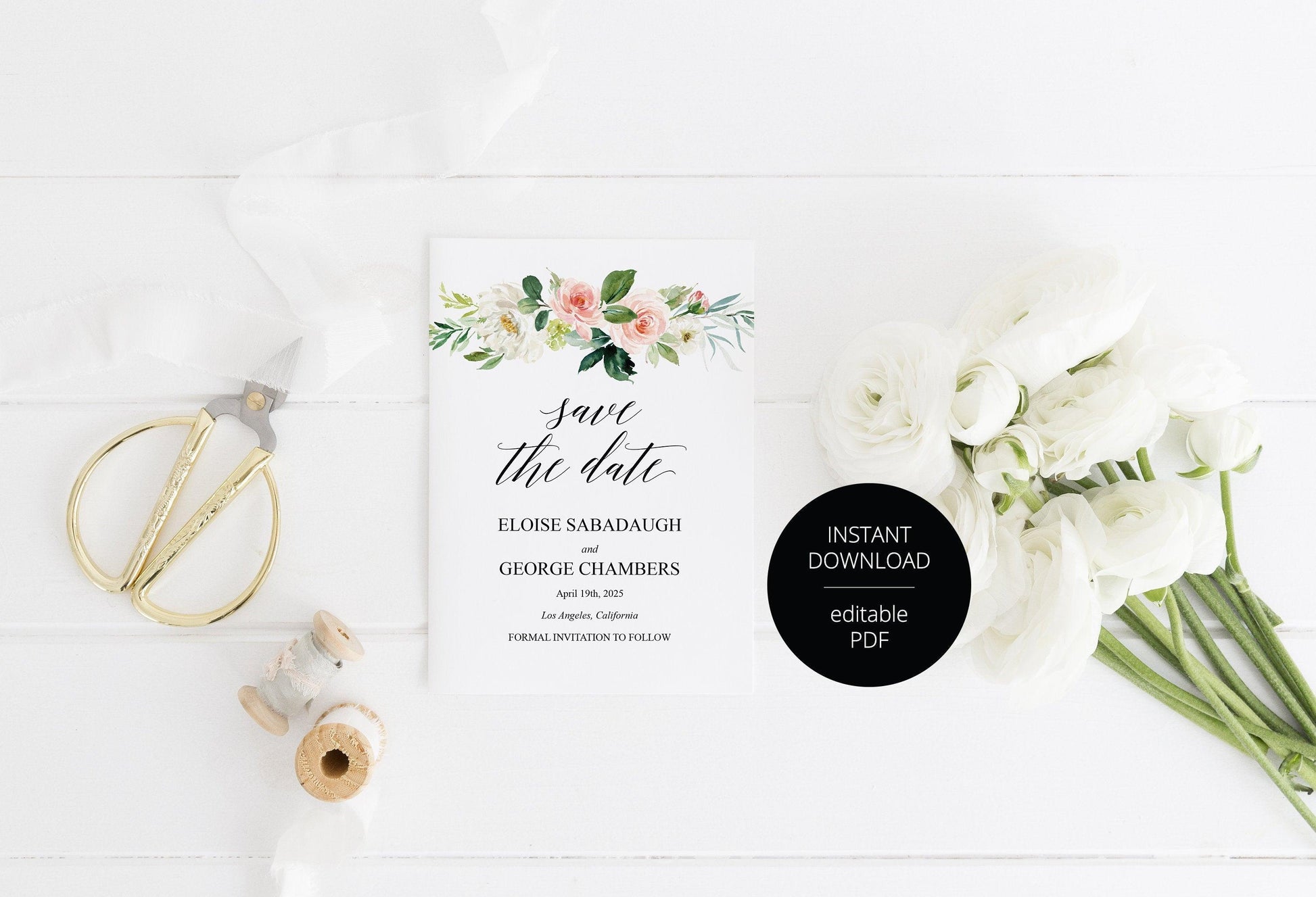 Printable Floral Save-the-Date Template, Engagement Invite, PDF Instant Download, Greenery, Wedding Announcement - Eloise - SAVVY PAPER CO