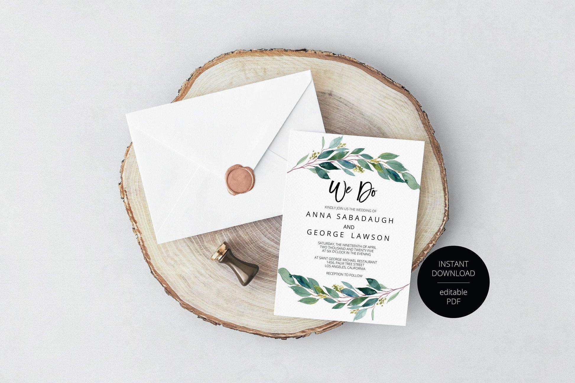 Printable Greenery Rustic Wedding Invitation Set Editable Template, DIY Instant Download Invites, Invitation Suite- Anna - SAVVY PAPER CO