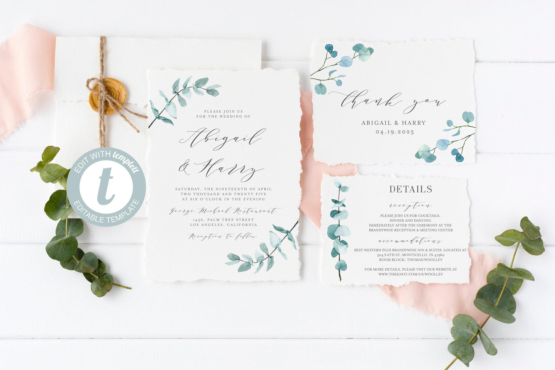 Printable Greenery Wedding Invitation Set Editable Template, DIY Instant Download Invites, Invitation Suite, 100% Editable- Abi - SAVVY PAPER CO