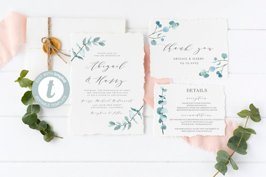 Printable Greenery Wedding Invitation Set Editable Template, DIY Instant Download Invites, Invitation Suite, 100% Editable- Abi - SAVVY PAPER CO