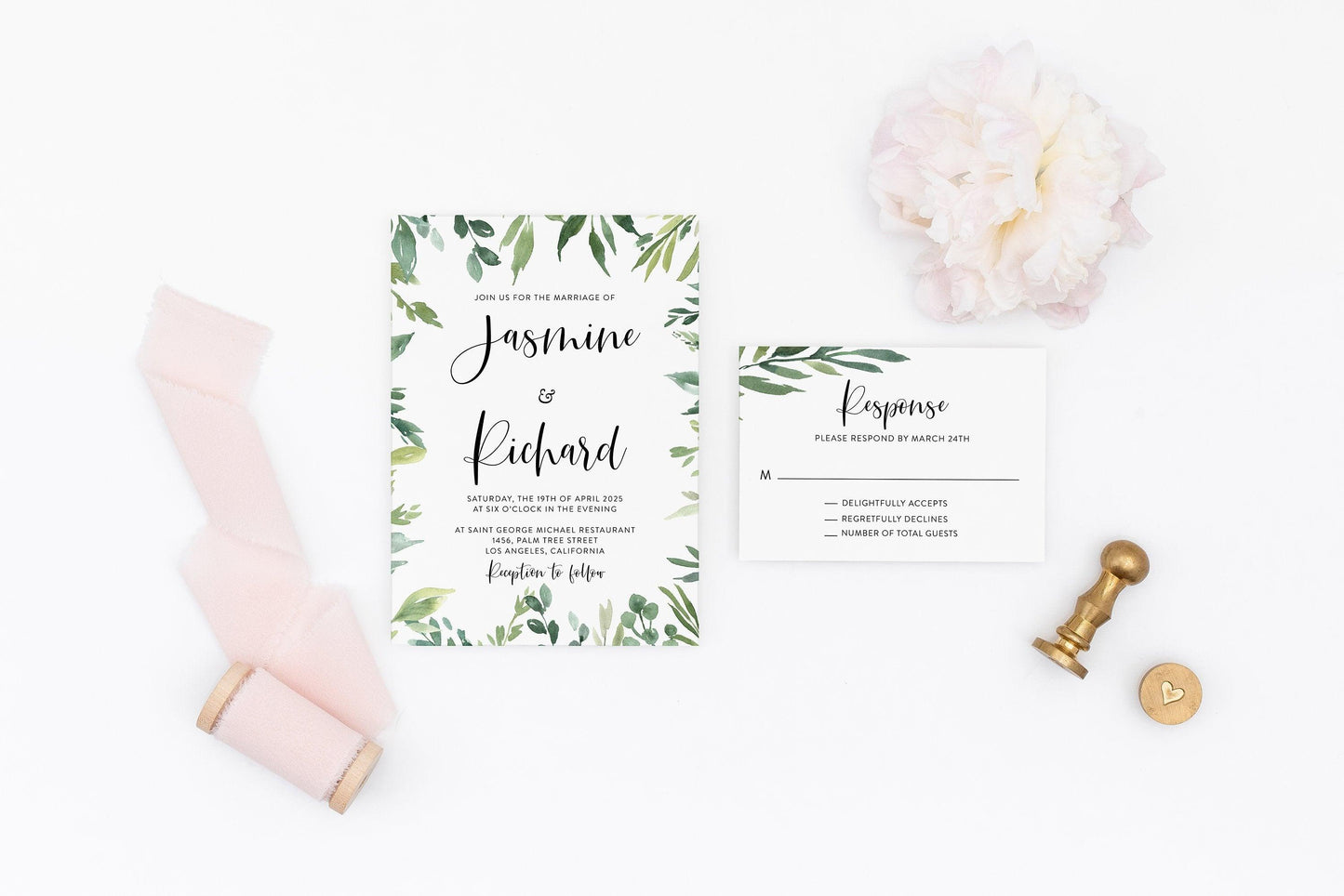 Printable Greenery Wedding Invitation Set Editable Template, DIY Instant Download Invites, Invitation Suite, 100% Editable- Jasmine - SAVVY PAPER CO
