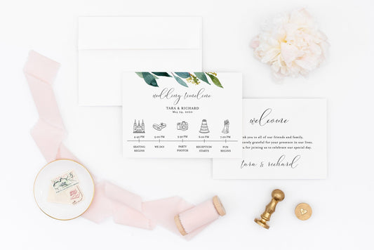 Printable Greenery Wedding Itinerary Template Card Timeline Welcome, 100% editable Templett - Tara - SAVVY PAPER CO