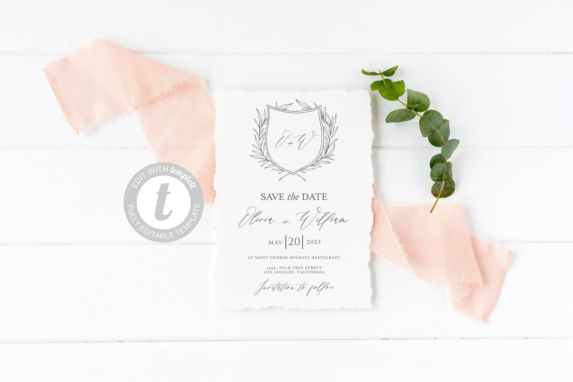 Printable Save-the-Date Template, Engagement Invite, 100% editable text, Crest, Wedding Templett - Olivia - SAVVY PAPER CO