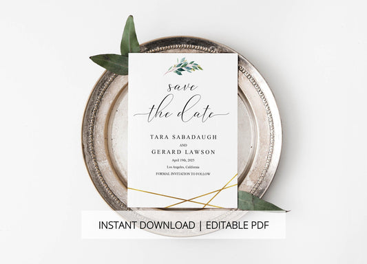Printable Save-the-Date Template, Engagement Invite, PDF Instant Download, Greenery, Wedding Announcement, Gold - TARA - SAVVY PAPER CO