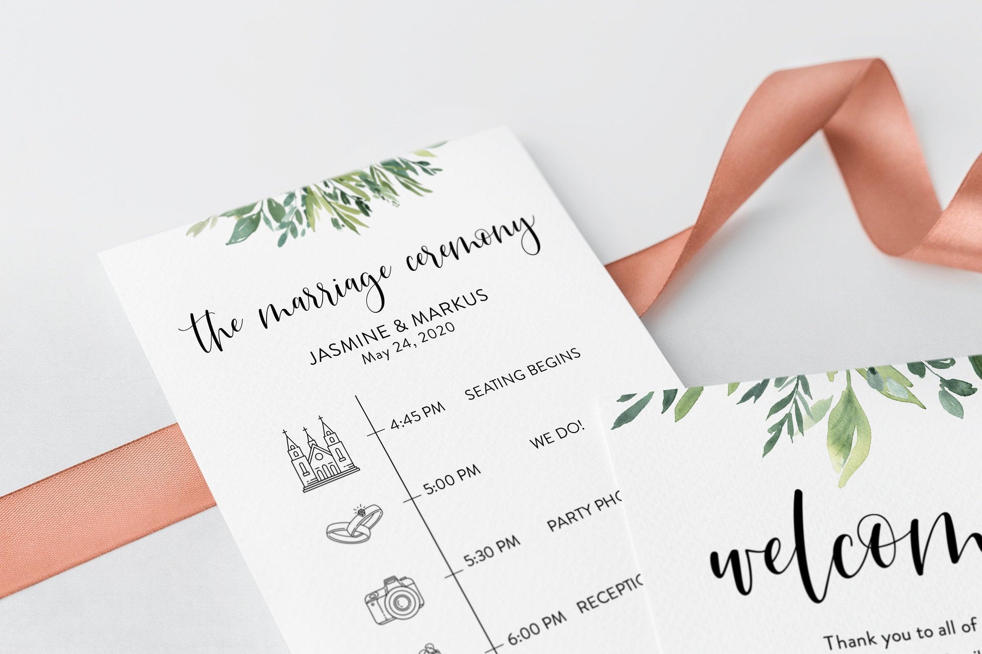 Printable Wedding Itinerary Template Card Timeline Welcome 100% editable Templett Greenery - Jasmine - SAVVY PAPER CO