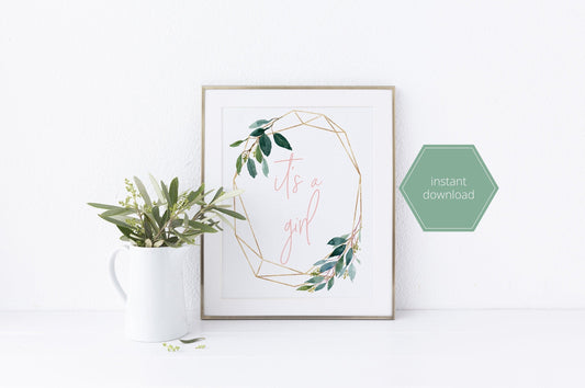 Printable it's a girl sign, Instant Download, Girl Baby Shower, Gender Reveal Party, Greenery, Gold, Baby Shower Decor - EV23 - SAVVY PAPER CO