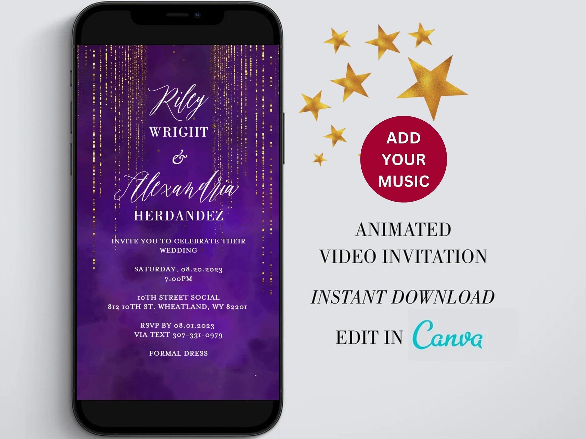 Purple Electronic Wedding Invitation Template, Digital Black Wedding Evite, Editable Gold Glitter Invitation, dinner party invitation ideas - SAVVY PAPER CO