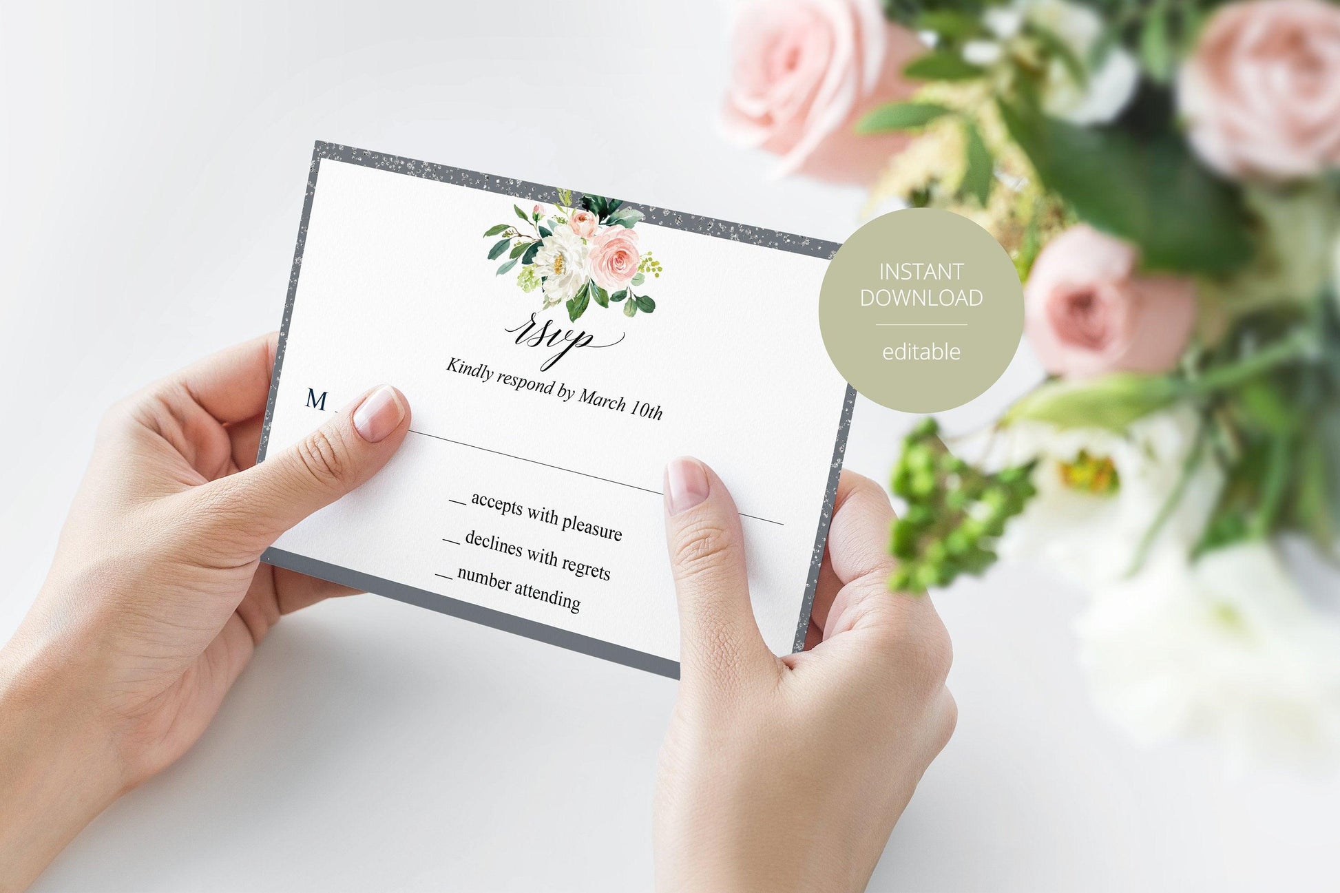 RSVP Card Template, Wedding RSVP, Response Card, RSVP cards, Gold Wedding, Printable rsvp, Wedding Response, Floral, Grey, Silver - Eloise - SAVVY PAPER CO
