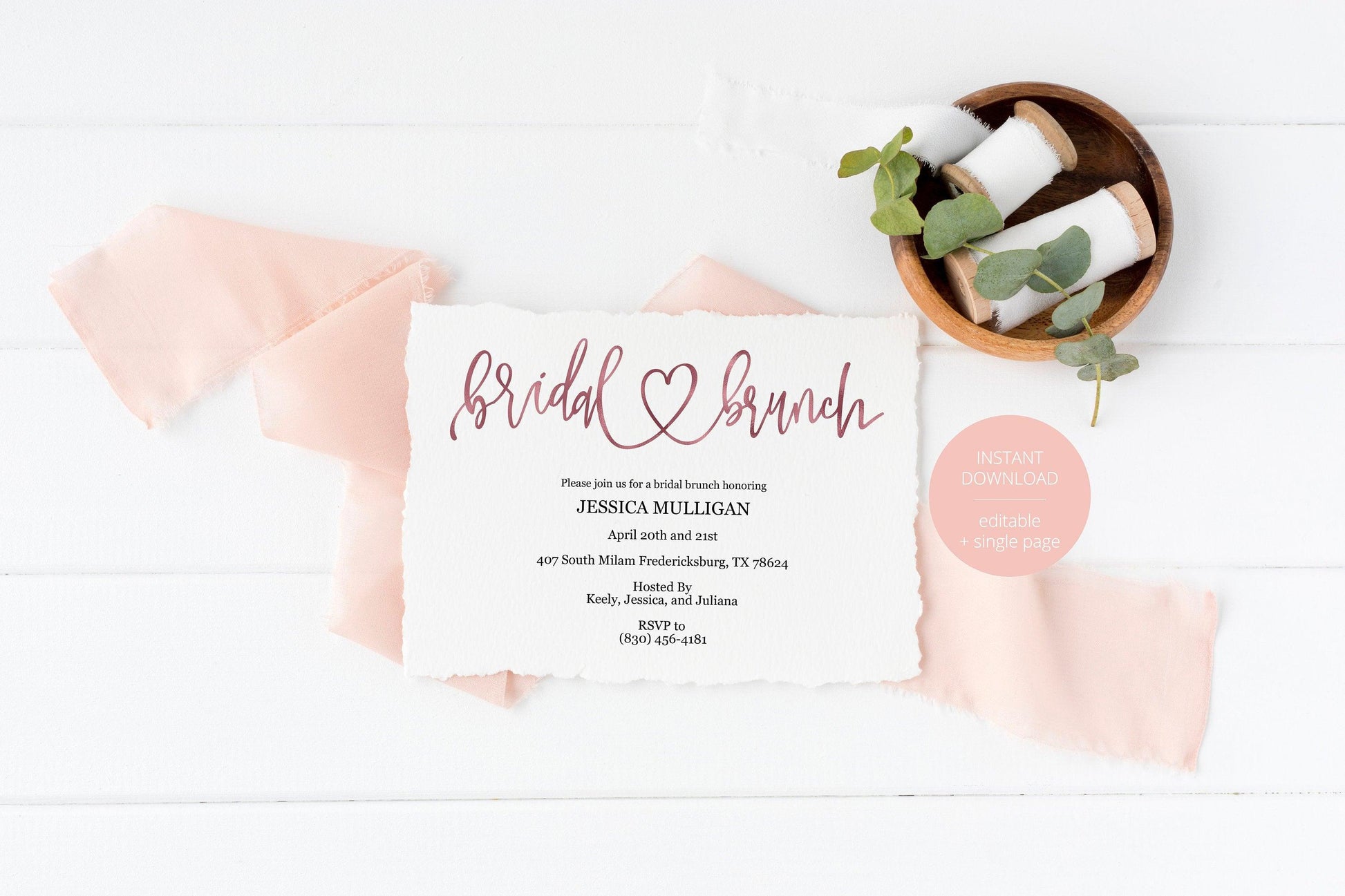 Rose Gold Bridal Brunch Shower Invitation Instant Download Printable Editable Template DIY Bridal Shower Invite - JESSICA - SAVVY PAPER CO