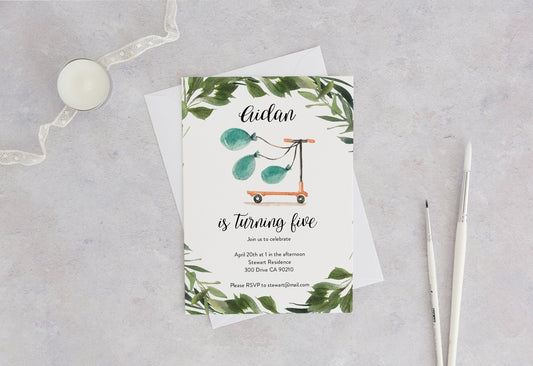 Scooter Birthday Invitation Instant Download Greenery Balloons 5th Birthday Invite Editable SC2 - SAVVY PAPER CO