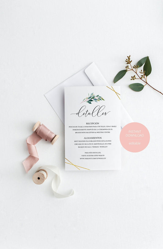 Spanish Wedding Details Card Template, Instant Download, Information Card,Wedding Info Card, Gold Wedding,Details Template,Geometric - TARA - SAVVY PAPER CO