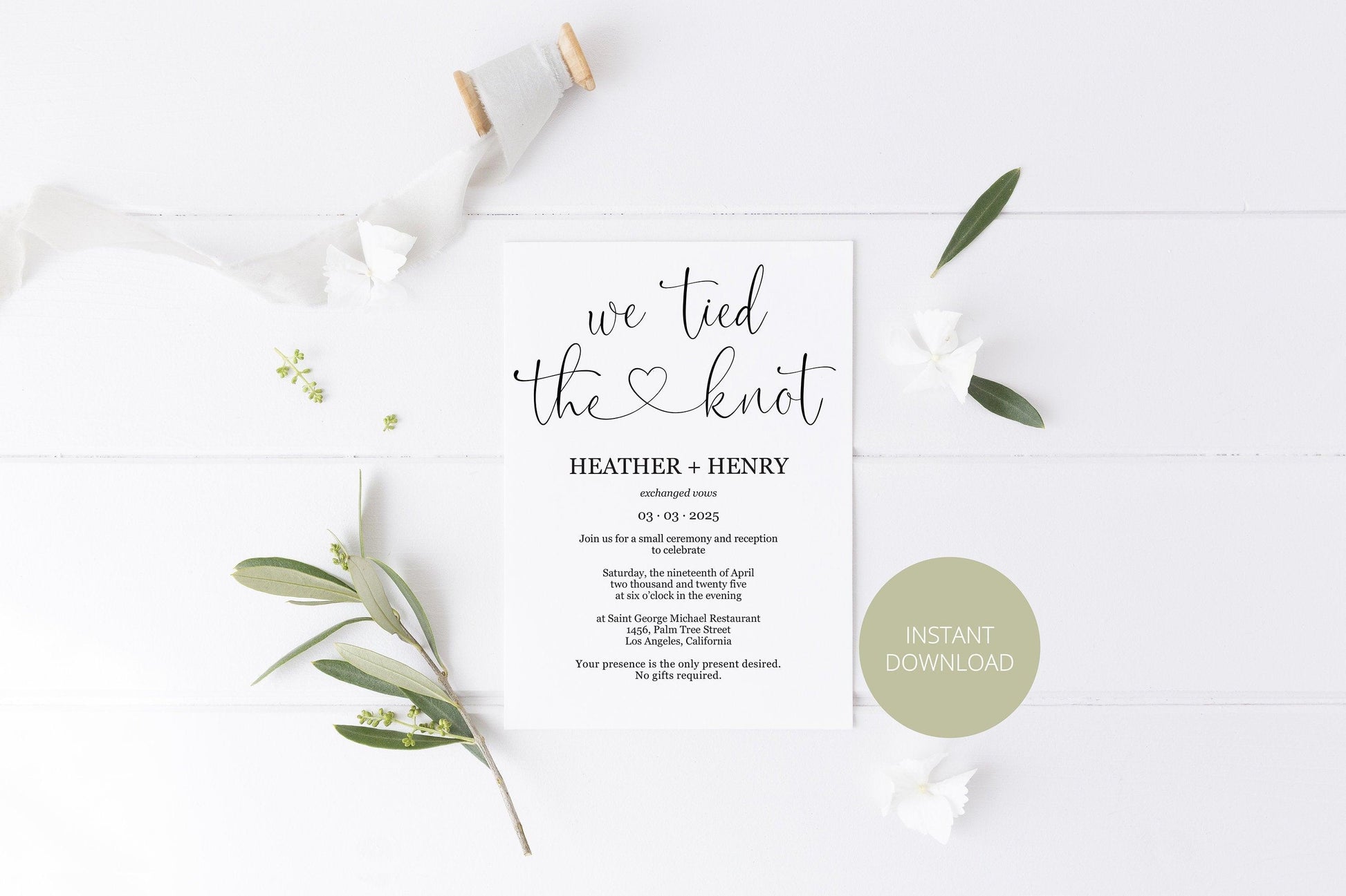 We tied the knot Wedding Invitation Template, Editable,Printable, Calligraphy, Heart, Wedding Announcement, Elopement, we eloped - Heather - SAVVY PAPER CO